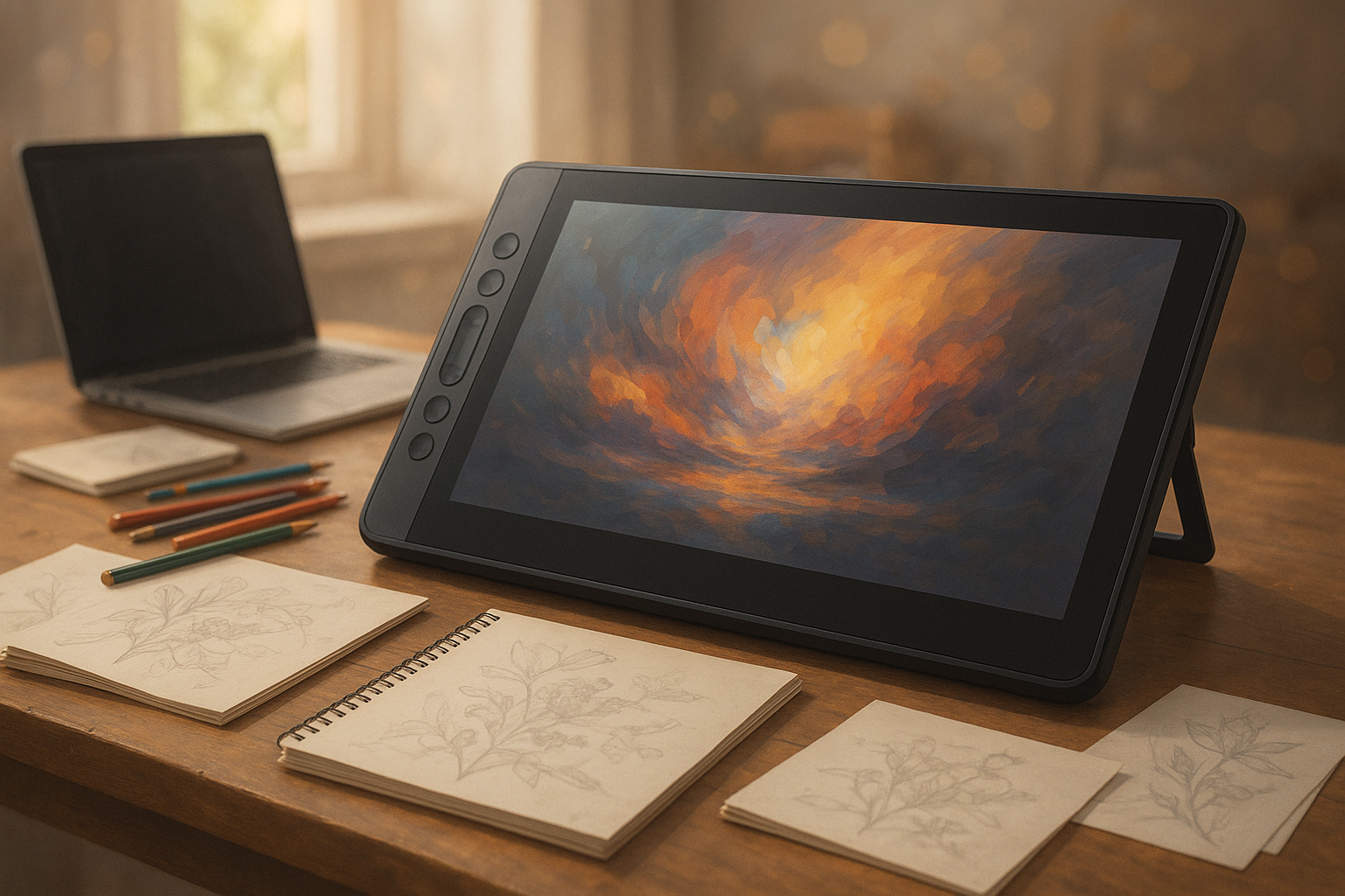 une grande tablette graphique de 15,6 pouces avec écran sur un bureau, style semi-réaliste, lumière douce et naturelle, ambiance créative avec ordinateur portable, carnets, crayons et croquis autour, arrière-plan flou et chaleureux, détails réalistes de la tablette, couleurs harmonieuses et atmosphère de travail.
